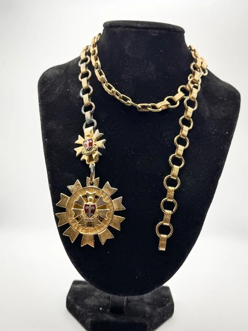Antique Heraldic Sunburst Medallion Necklace Enamel Fleur-de-Lis Brass Maltese